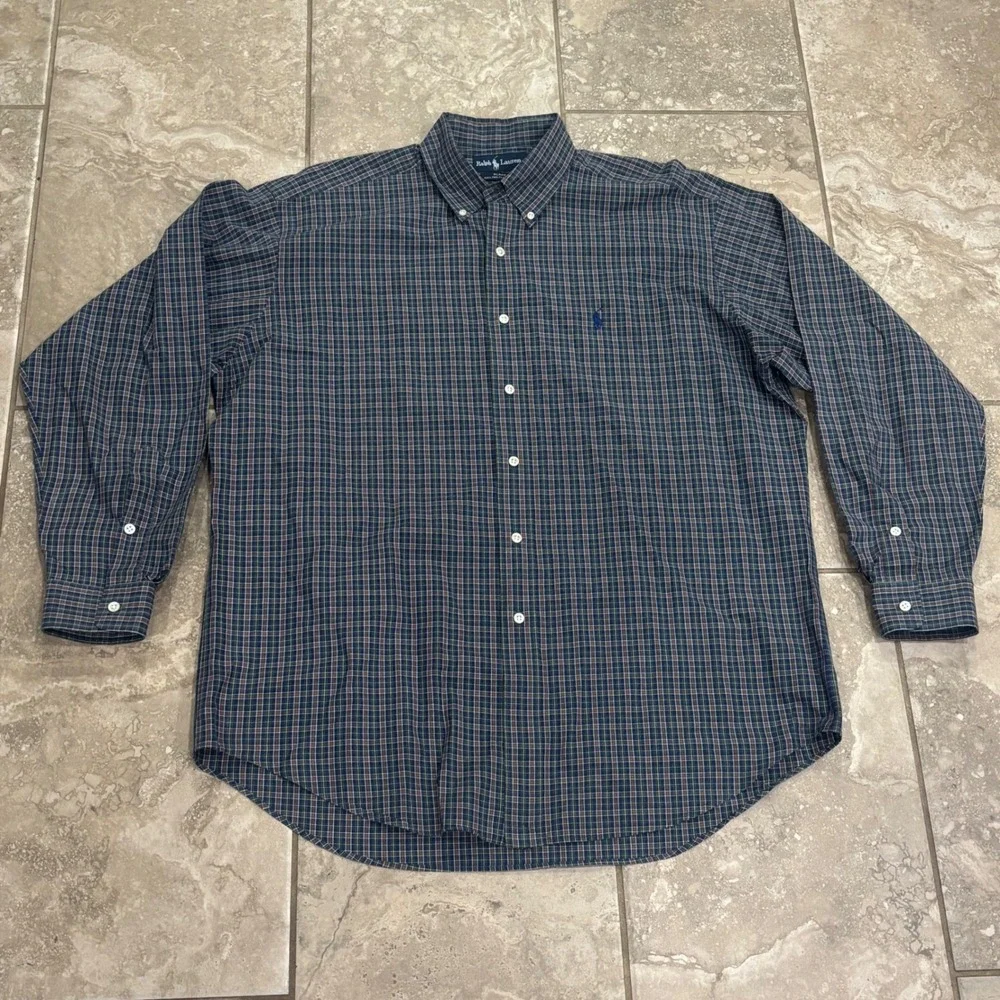 Ralph Lauren Blake Mens Large Plaid Button Down Shirt Navy Green 100% Cotton